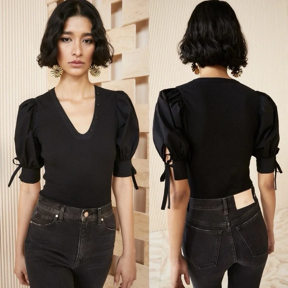 Ulla Johnson Pia Top Black Ribbed Poplin Puff Sleeve Capsule Minimalist Luxury L